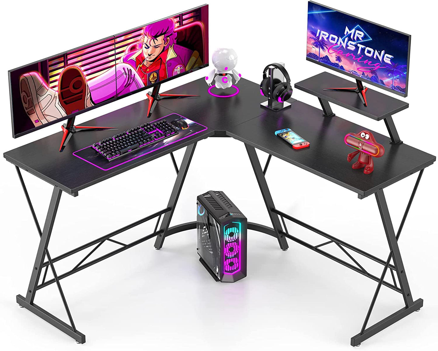 Black L-Shaped Gaming Desk with Monitor Stand-0