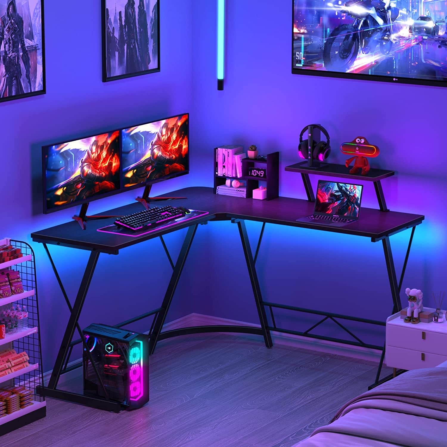 Black L-Shaped Gaming Desk with Monitor Stand-1