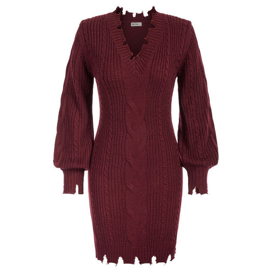 GK Women Cable Knitted Sweater Dress Long Lantern Sleeve V-Neck Distressed S Version Style Knitted Dress Clothing-0